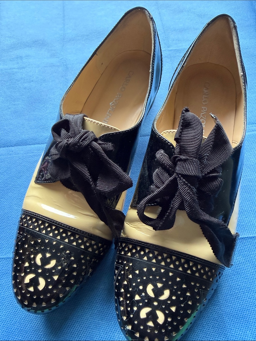 Black and Cream Patent Leather Bow-Front Flats